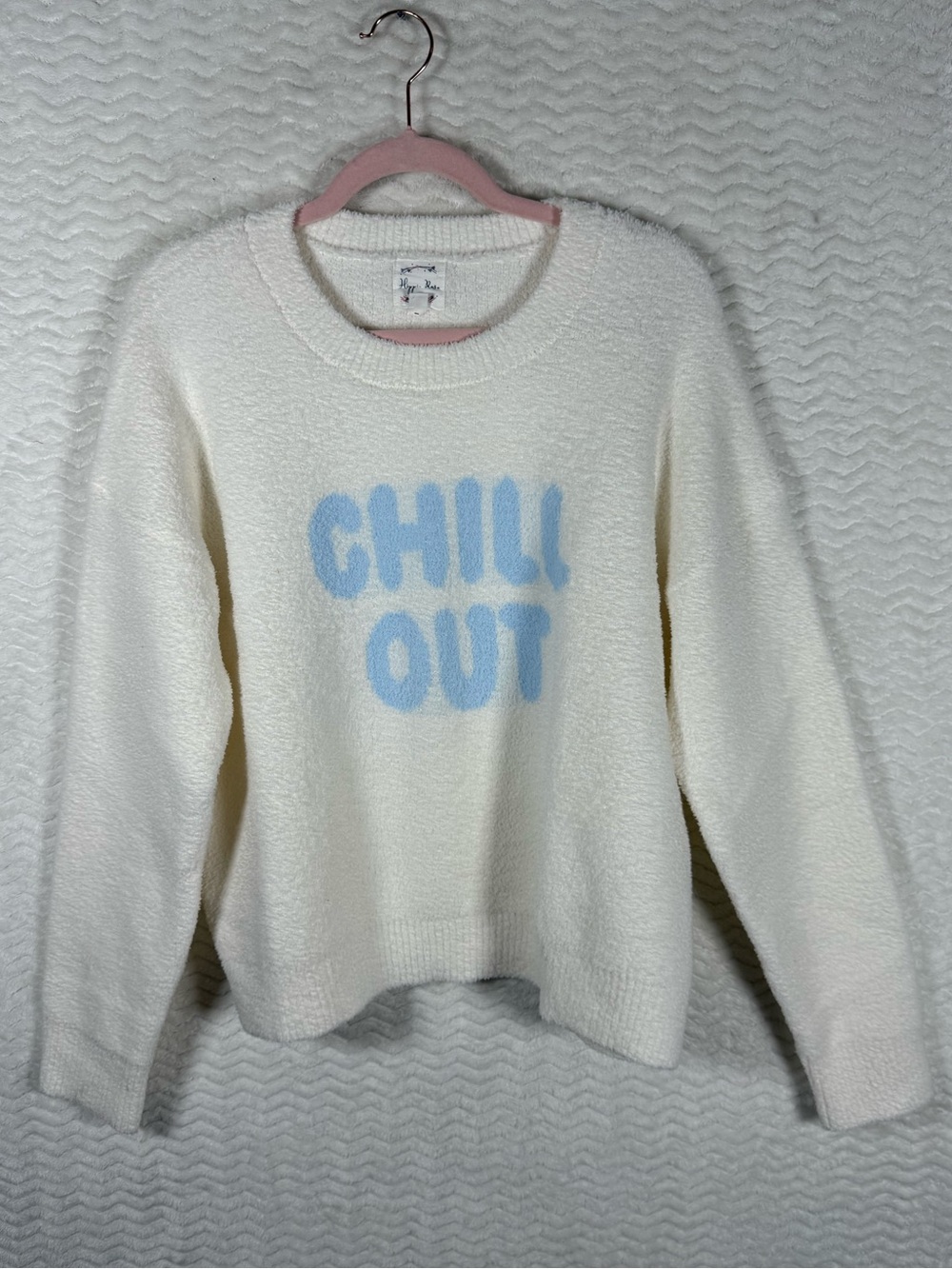 Hippie Rose Cream Sweater with Light Blue "CHILL OUT" Graphic